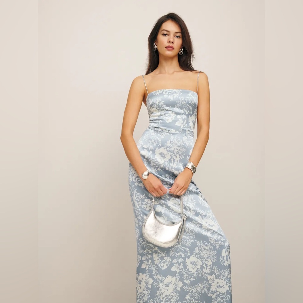 Reformation 100% Silk Frankie Porcelain Light Blue Floral Maxi Dress - Picture 4 of 9